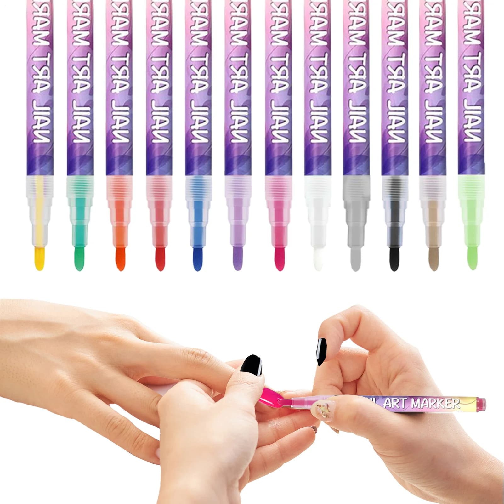 Set di 12 Pennarelli per Nail Art, Pennarelli per Nail Art 3D, Pennello per Disegno e Pittura per Nail Art Fai da Te