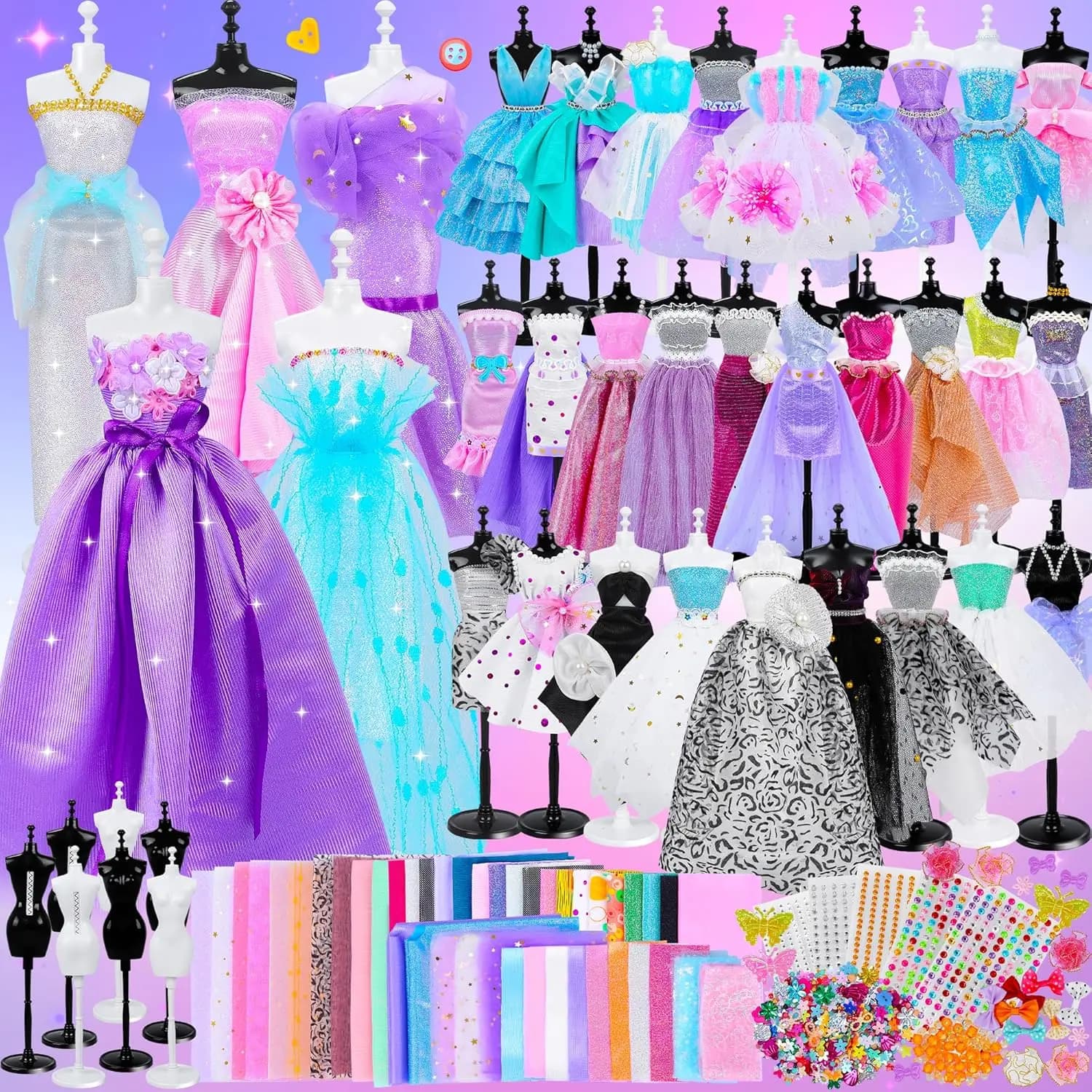 Kit di Design Moda con Oltre 1500 Pezzi e 7 Manichini, Set per Cucito e Artigianato Fai-da-Te per Creare Vestiti per Bambole