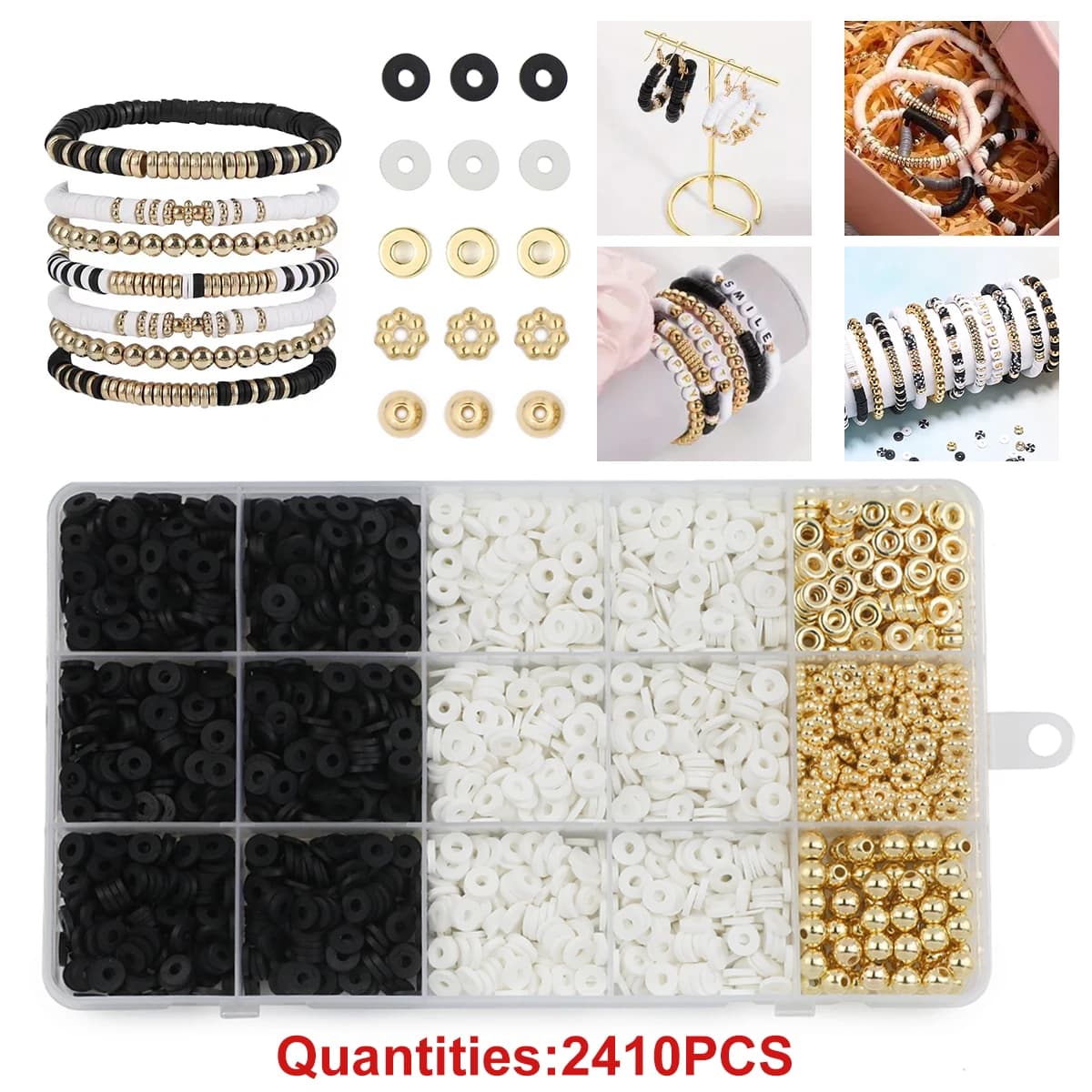 2400 pz/scatola Kit Perline di Argilla Polimerica, Perline di Argilla Polimerica Bianca E Nera CCB Perline Sparse Per Gioielli FAI DA TE Che Fanno Braccialetti Forniture