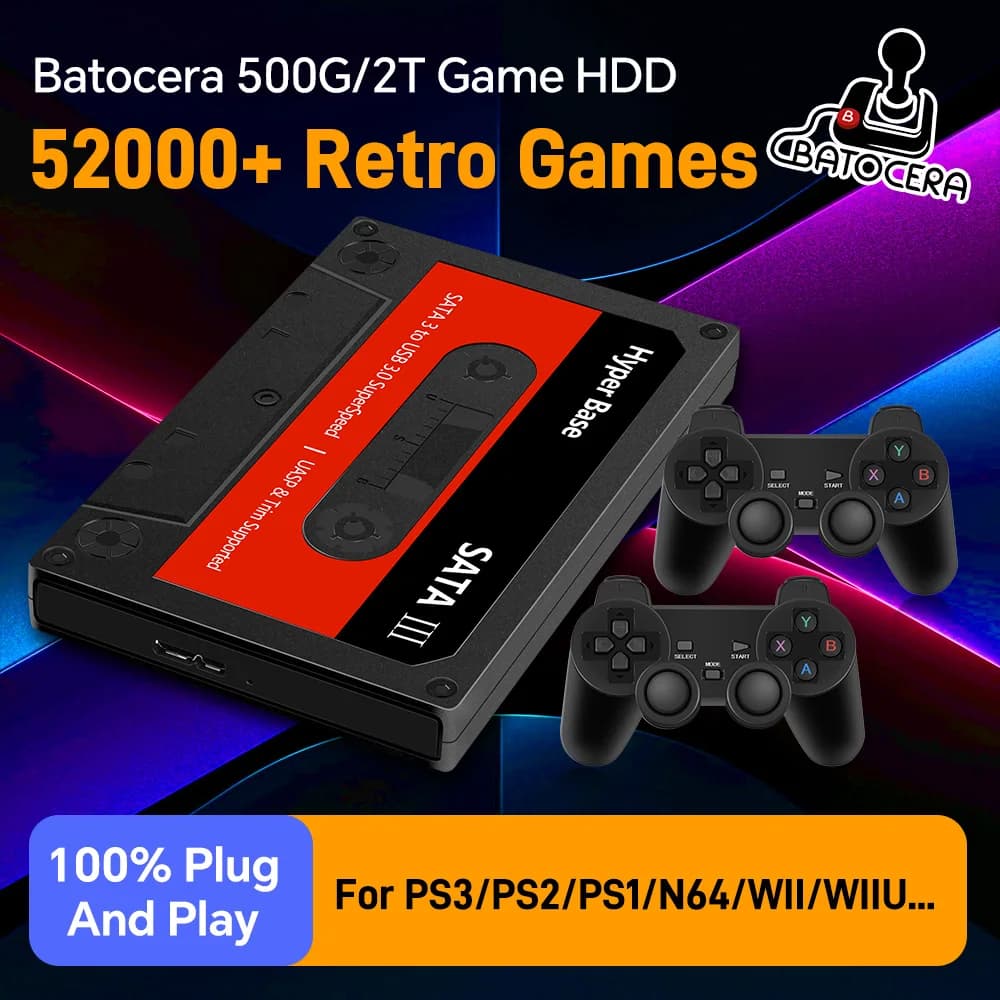 Hard Disk Batocera 500G/2T per Giochi Retro con 52000 Giochi, Emulatore Esterno Portatile per N64/PS3/PS2/PS1/WII, Compatibile con PC Windows