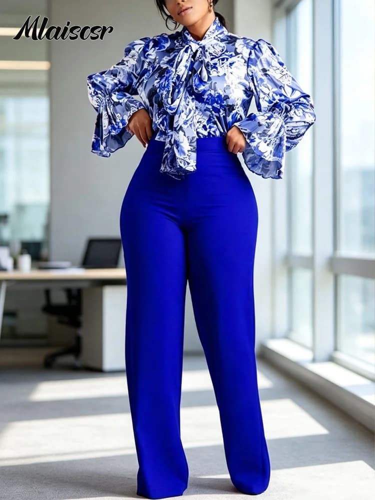 Mlaiscsr Elegant Women Floral Print Flare Sleeve Blouse and High Waist Straight Leg Pants Office Party Two-Piece Street Outfit