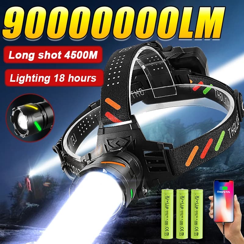 90000000LM Lampada frontale a LED più potente Ultra luminosa 4500M Torcia frontale ricaricabile Torcia frontale Pesca Caccia Faro 18650