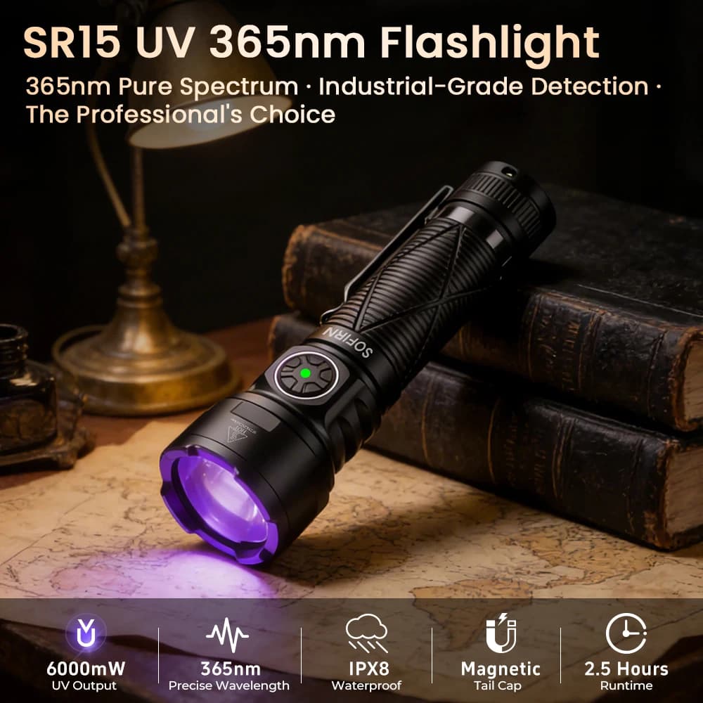Sofirn SR15 365nm Rechargeable USB-C SST08-UV 21700 1000LM Waterproof IPX8 with Magnetic Base for Camping