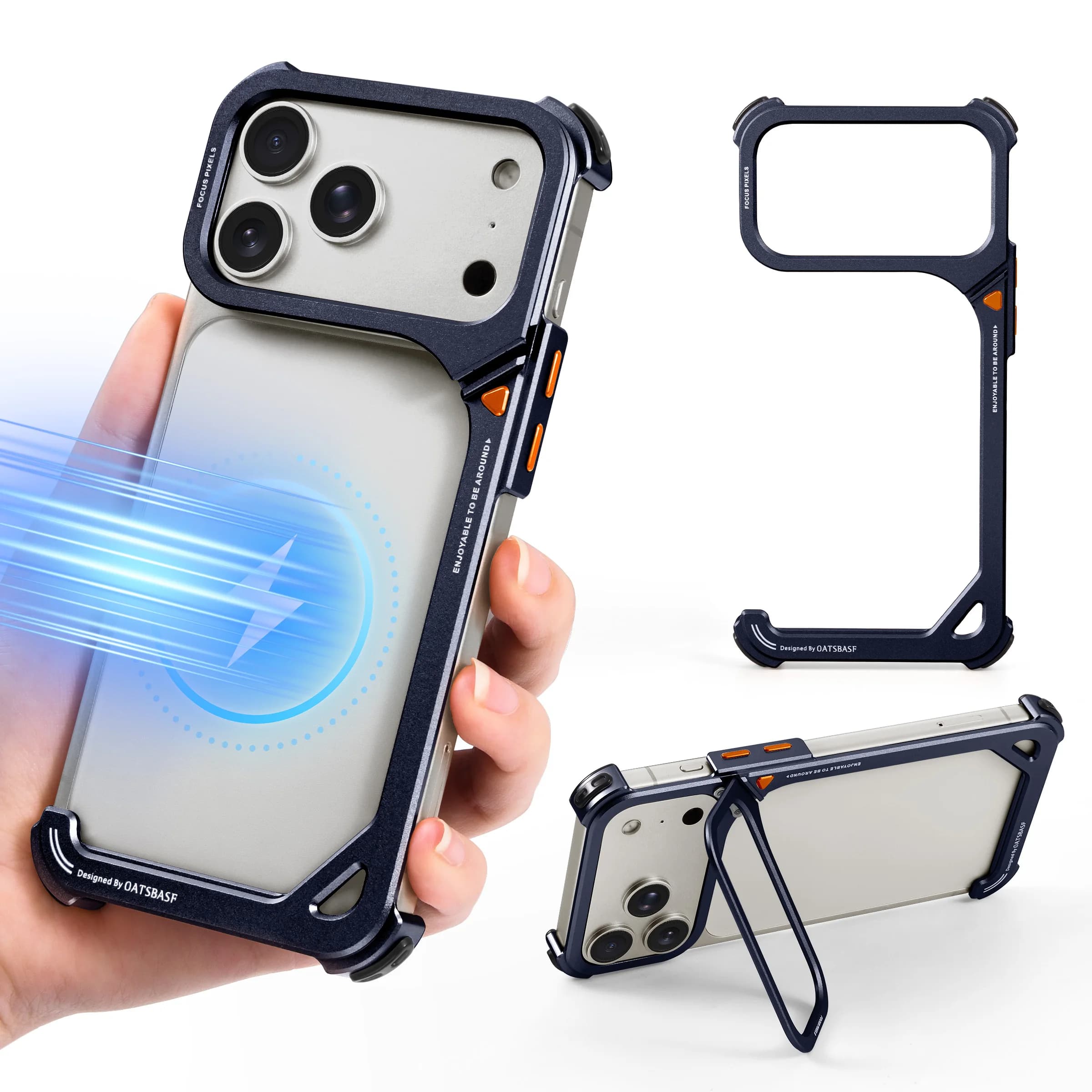 Custodia per telefono Oatsbasf in metallo senza cornice, design '9' per iPhone 17 Pro Max / 17 Pro, con angoli a 90° ° Supporto Regolabile per Telecamera Nascosta