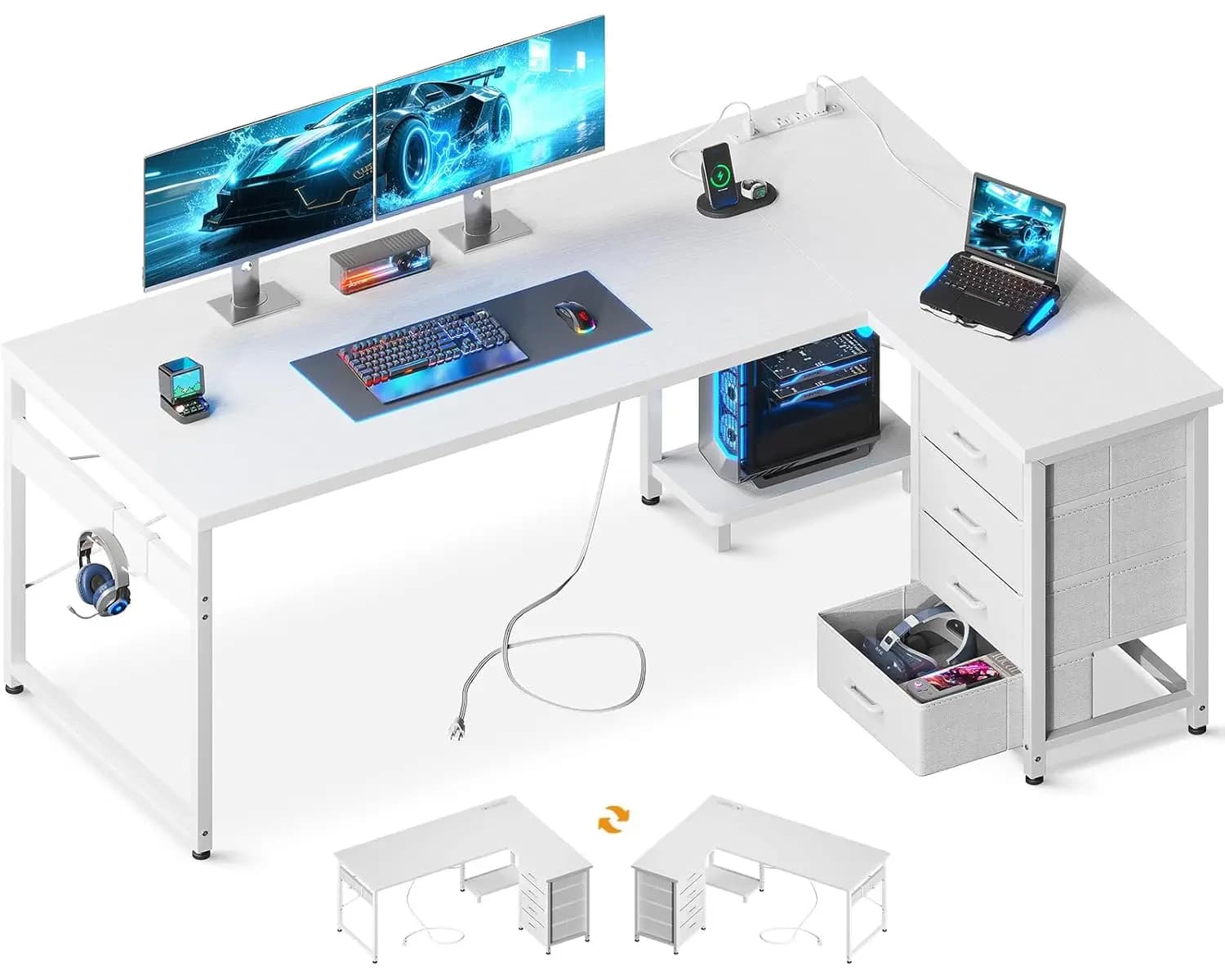 Scrivania da Gaming a L con 4 Cassetti, Scrivania per Ufficio Domestico Reversibile da 61 Pollici con Prese di Corrente, Scrivania per Computer a L, Personalizzabile