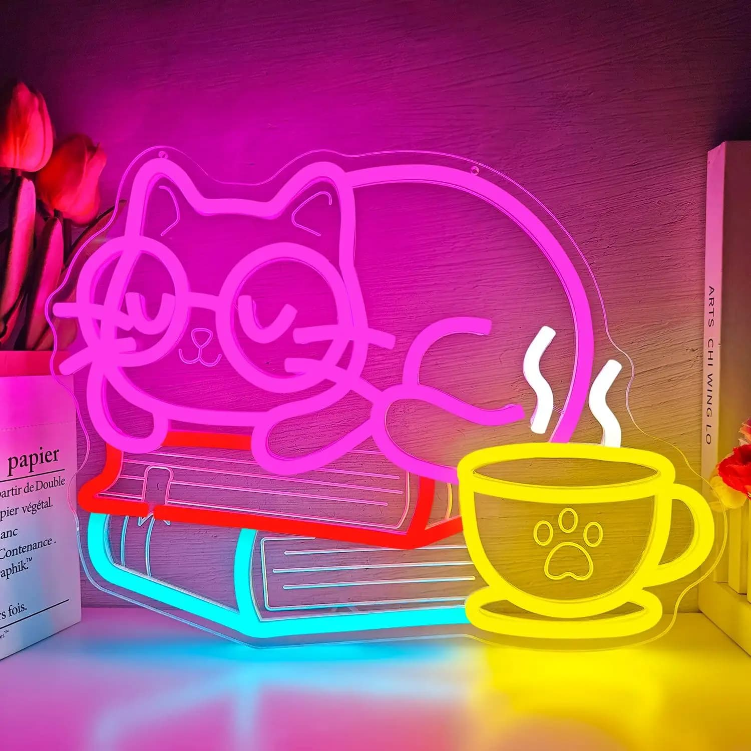 Insegna al Neon con Gatto che Legge con un Caffè: Aggiunge un'Atmosfera Accogliente e Fantasiosa a Aule, Biblioteche, Angoli Lettura e Spazi a Tema Kawaii