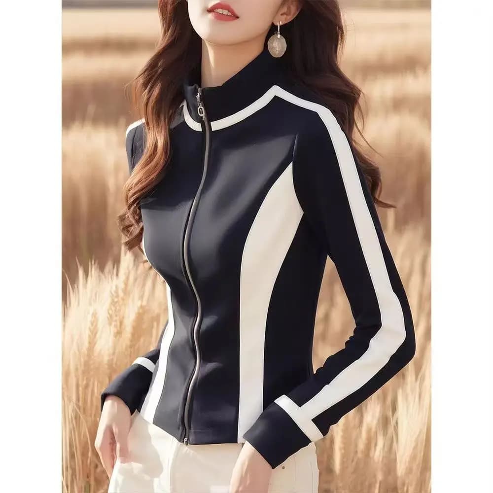 Camicie da donna con cappuccio con cerniera casual a contrasto bianco nero Camicie da donna Primavera Autunno 2025 Moda coreana Colletto alla coreana Giacca slim Office Lady