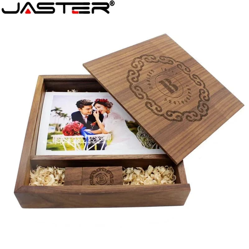 JASTER 1 PZ Logo gratuito Pen Drive Foto Album unico Memory Stick Legno di noce USB Box Pendrive Chiavetta USB 8 GB 16 GB 32 GB 64 GB