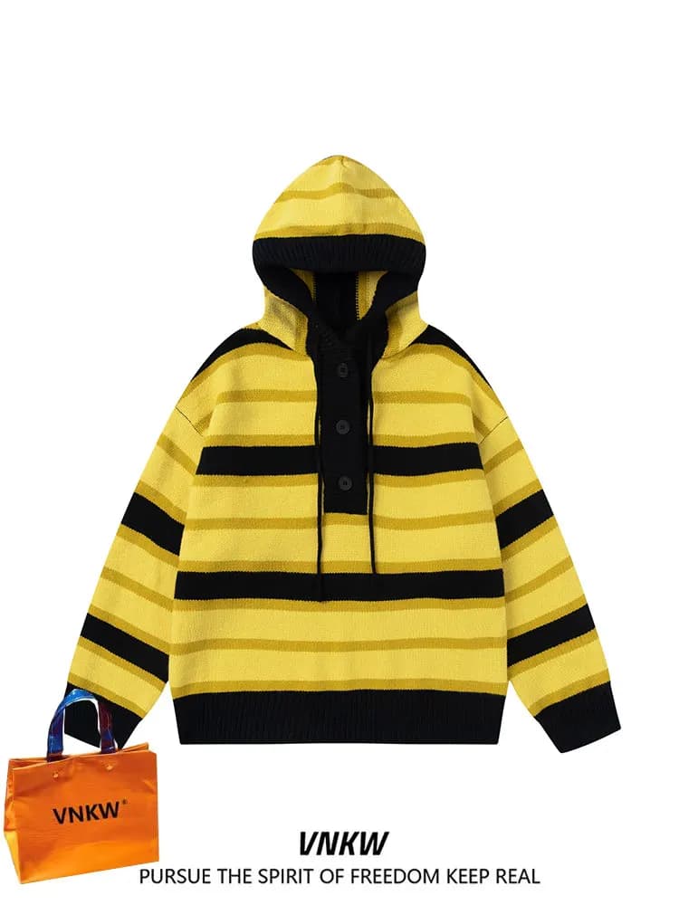 Dopne Striped Hoodie Knitted Sweater Men's Loose Fit American Retro Sle Long Sve Crew Ne Pullover Autumn Winter