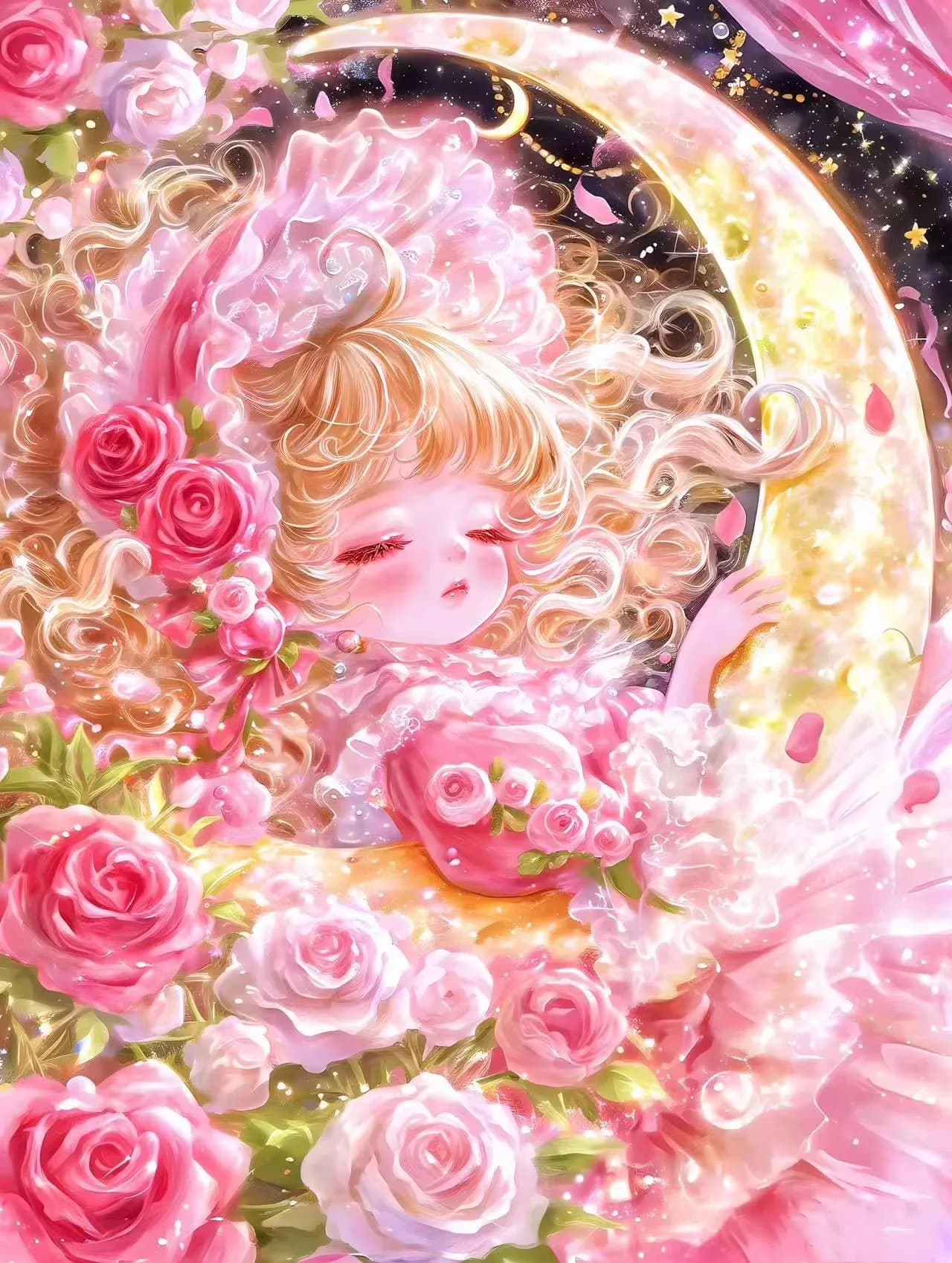 DIY Diamond Painting Kit Dreamy Sleeping Girl On Crescent Moon Pink Rose Starry Sky Fantasy Floral Hand Craft Home Decor Gift