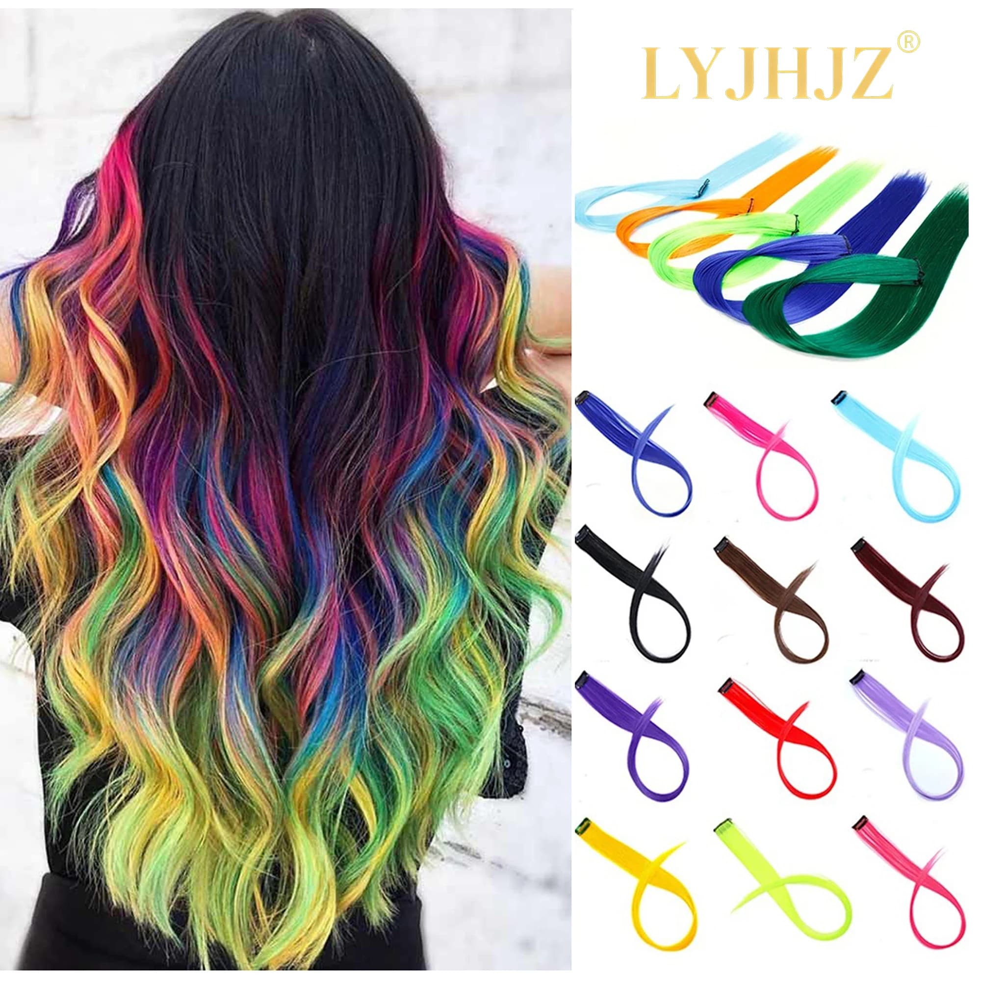 Extension for 22 inch long and smooth synthetic hair with clip, resistant to high temperatures, rainbow colors, women's hair accessories