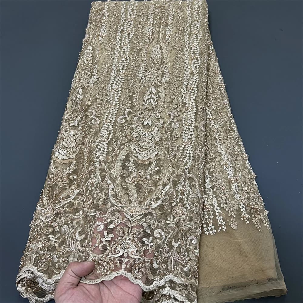 2026 African Nigerian Latest High Quality With Tulle Sewing Lace Fabric Guipure Embroidery Dresses Sequins Beads 5Yards ZJ138