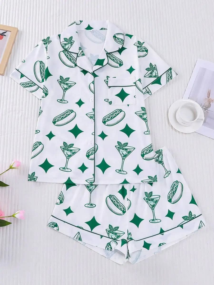 Womens 2-Piece Pajama Set With Hot Dog And Beverage Print, Short Sleeve Button-Up Top And Elastic Waist Shorts