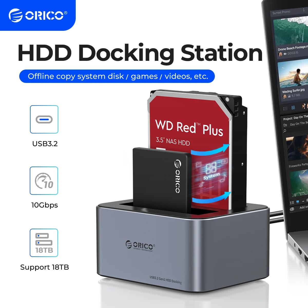 ORICO Hard Drive Docking Station with Offline Clone Aluminum Dual Bay USB C to SATA Hard Drive Dock Holder for 2.5 or 3.5 HDD