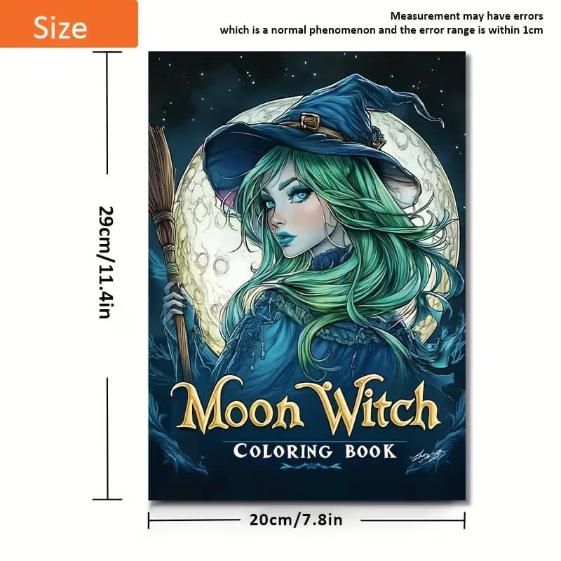Moon Witch Coloring Book Magical Green Hair Witch Broom Full Moon Night Fantasy Dark Art Stress Relief Drawing Gift For Adults