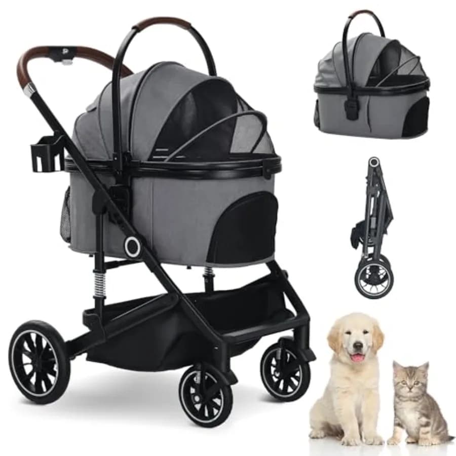Passeggino per animali domestici per viaggi e uso all'aperto, telaio in lega di alluminio, colore nero, design pieghevole leggero 3-in-1 con cestino rimovibile