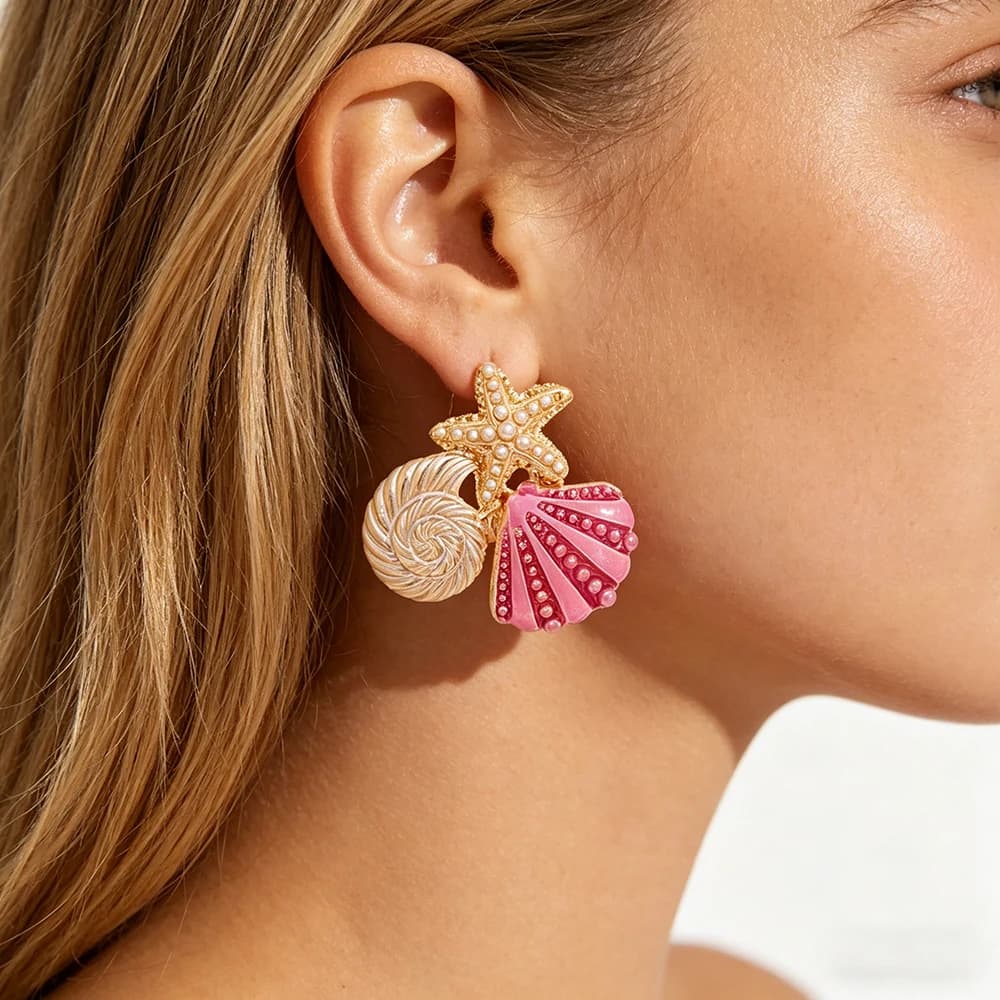 Sweet Pink Enamel Shell Seashells Stud Earrings for Women Imitation Pearl Twist Snail Shell Starfish Earring Statement Jewelry