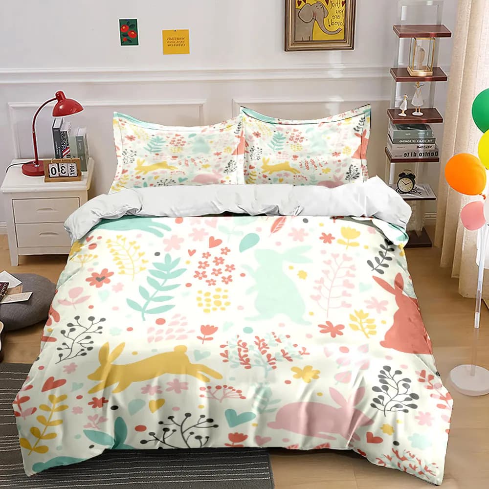 Set di biancheria da letto con stampa di conigli colorati e motivi floreali, 1 copripiumino, 2 federe per adulti e bambini, regalo di lusso, misura completa