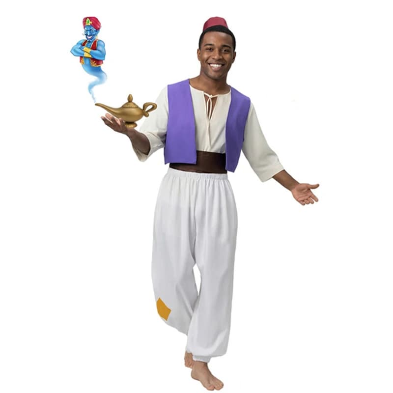 Men's Costume for Theme Fantasy, Prince Aladdin Costume for Halloween, Cosplay Set with Hat and Magic Lamp, Carnival Accessories and Shows