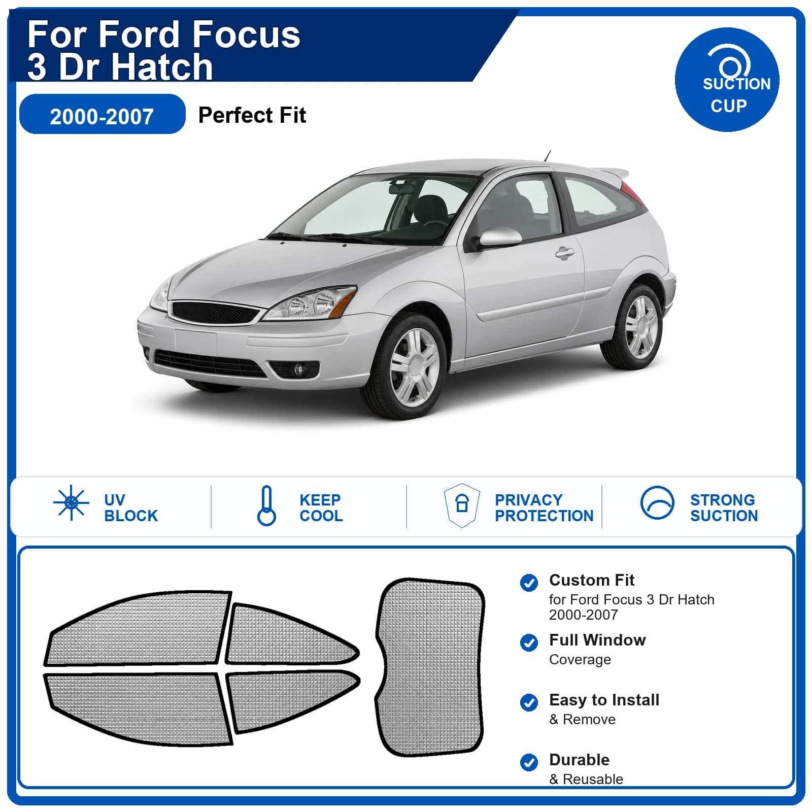 For Ford Focus 3 Dr Hatch 2000-2007 Custom Full Set Windshield Sun Shade Aluminum Foil Heat Insulation Anti UV Foldable