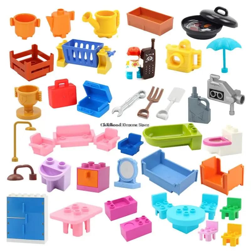 Large Building Blocks Furniture Model Accessories Bricks Compatible Home Sofa Table Wardrobe Chair Kitchen Tools Children Toys DIY