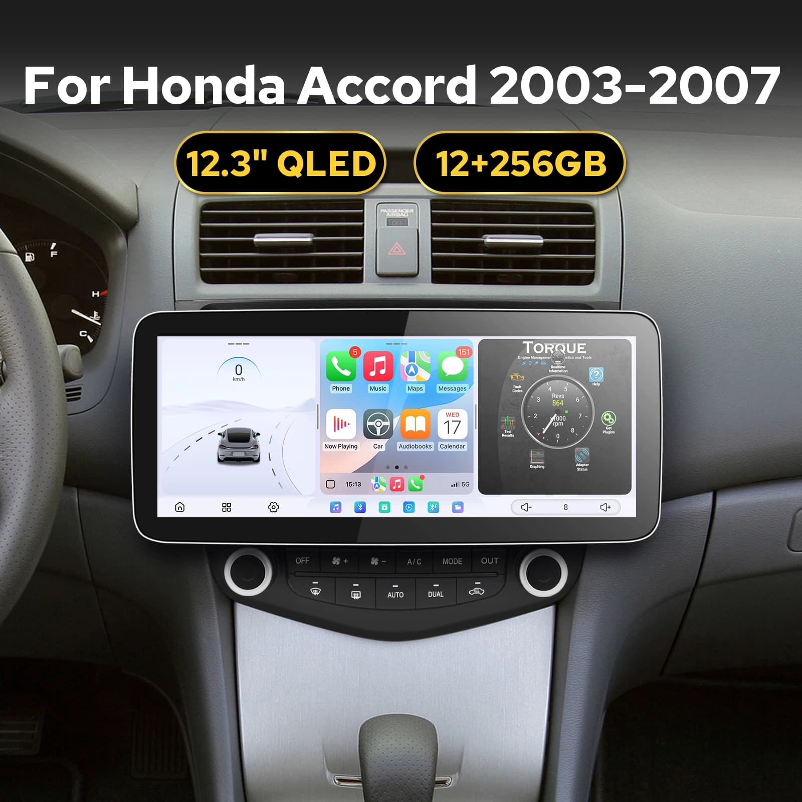 Autoradio Android 12.3\" per Honda Accord 2003-2007 con CarPlay e Android Auto, 12+256GB, Mantiene i Comandi al Volante