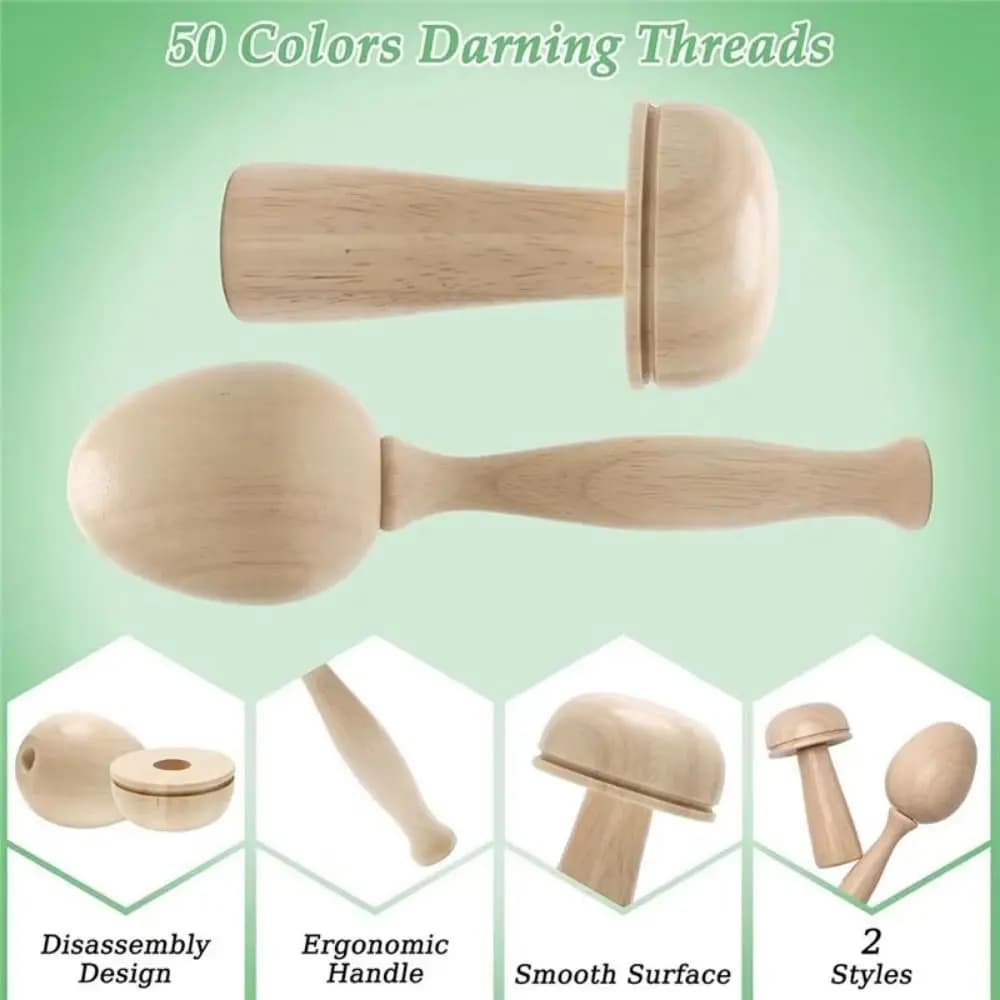 DIY Crafts Sock Darning Kit Weaving Loom Egg/Mushroom Shaped Knitting Patch Repairing Tool 50 Color Threads Wooden Base