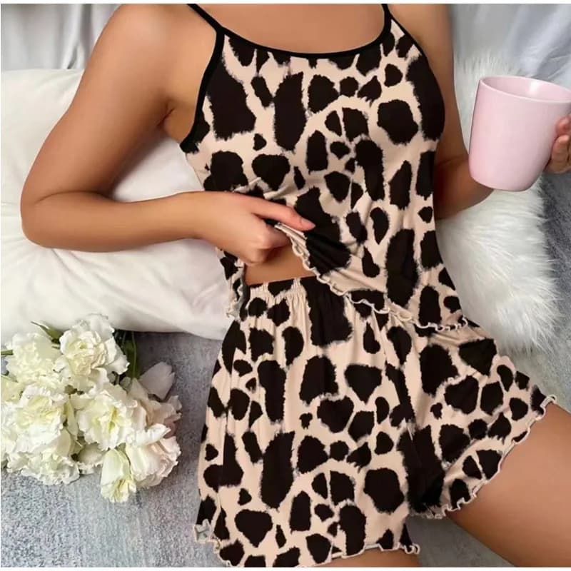 Summer Women Cami Shorts Pajamas Set Heart Print Spaghetti Strap Sleepwear Two Piece Ruffle Trim Loungewear