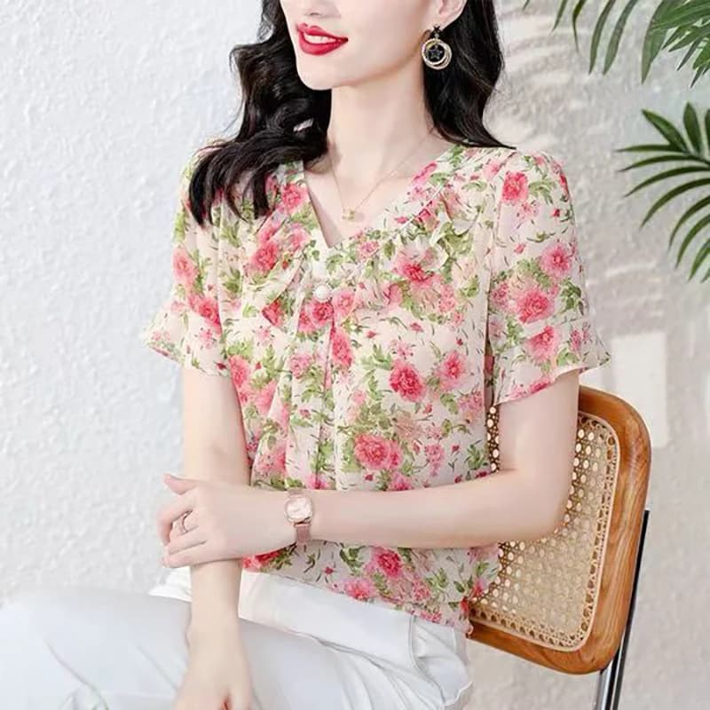 Elegant V-Neck Printed Spliced Ruffles Chiffon Blouses Women's Clothing Summer New Loose Chic Tops Office Lady Shirts