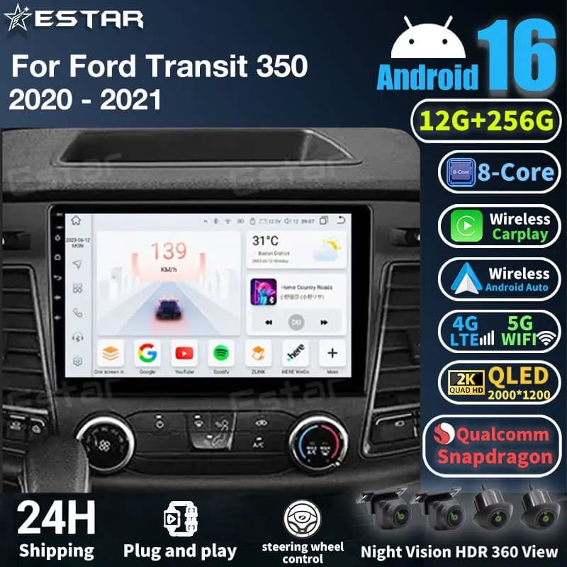 Autoradio Android 16 con Carplay per Ford Transit 350 2020 2021, Navigazione, Telecamera 360°, Stereo Multimediale, Schermo 2K, Lettore Video