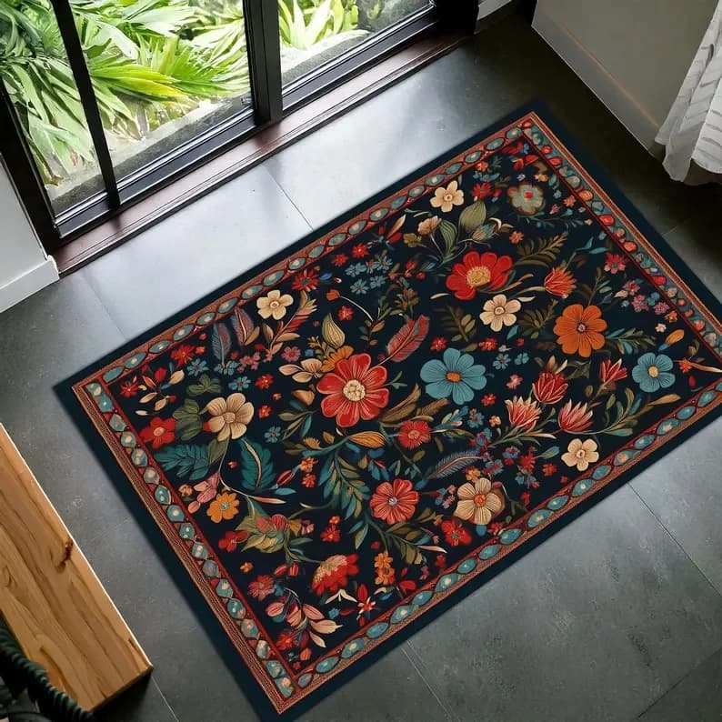 Colorful carpet with floral patterns Dark botanical design carpet Vibrant garden aesthetic carpet House decoration for bedroom