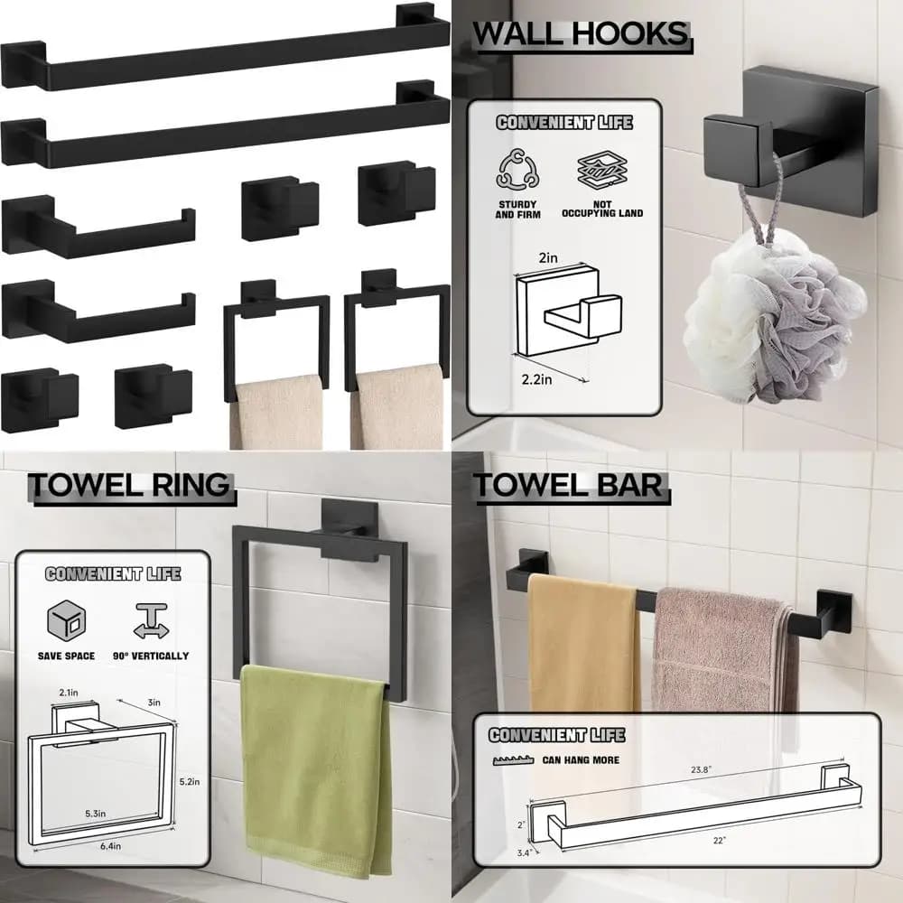 Set completo di accessori da bagno nero opaco con portasciugamani 23,6, anelli e porta carta igienica