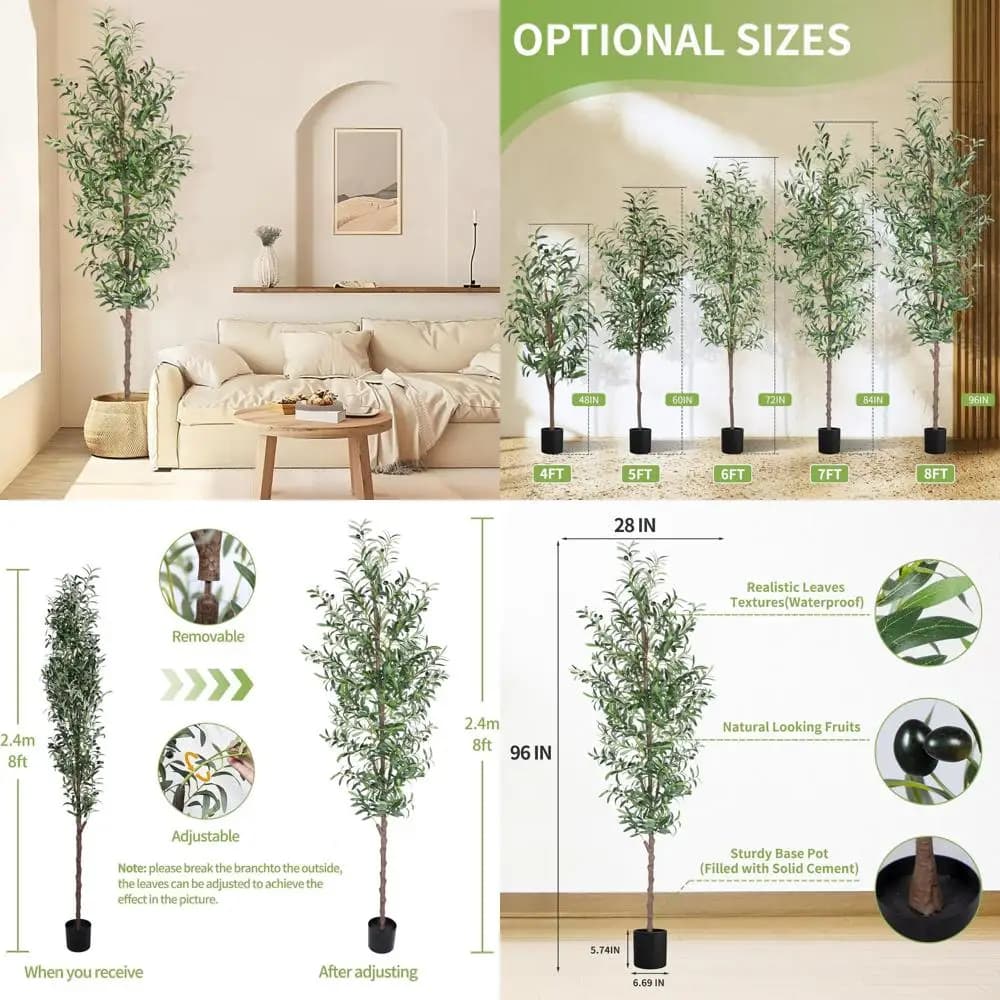 Albero di Ulivo Artificiale Alto 2,4 Metri con Foglie e Frutti Realistici, Pianta in Vaso per Interni/Esterni per Decorazione Domestica (1 Pezzo)
