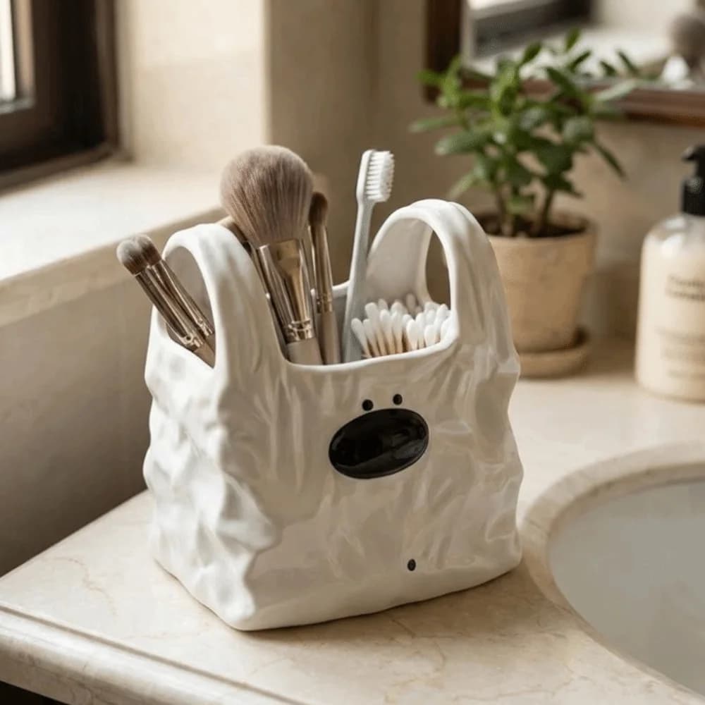 Scatola portaoggetti in ceramica a forma di cagnolino, stile borsa, porta spazzolino e dentifricio a forma di cartone animato, porta pennelli trucco, organizer da scrivania.
