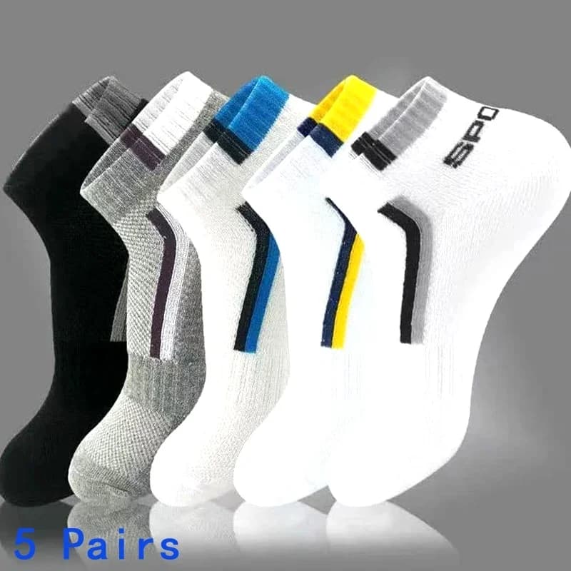 5pairs Men's Fashion Sports Socks, Striped Cotton Sweat Absorption Breathable Comfortable Ankle Socks