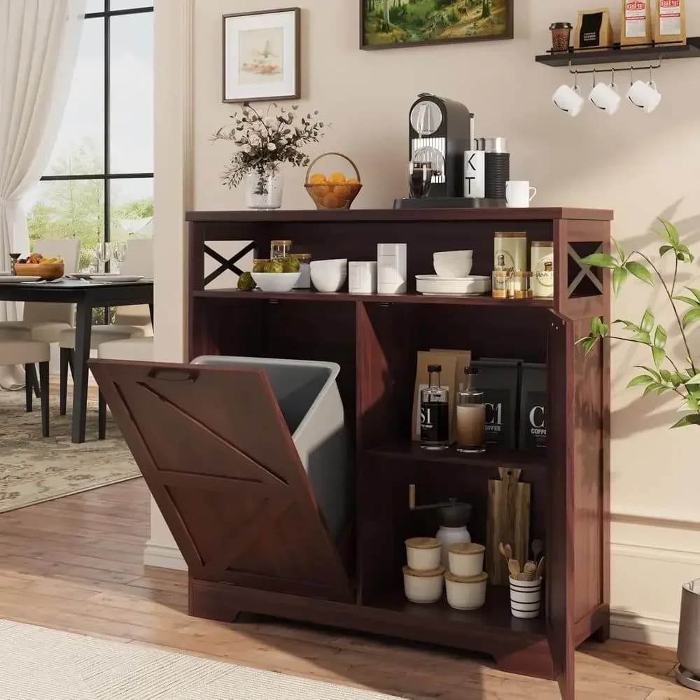 Kitchen Island Trash Can Cabinet with Adjustable Shelves and Hidden Laundry Basket, Brown
