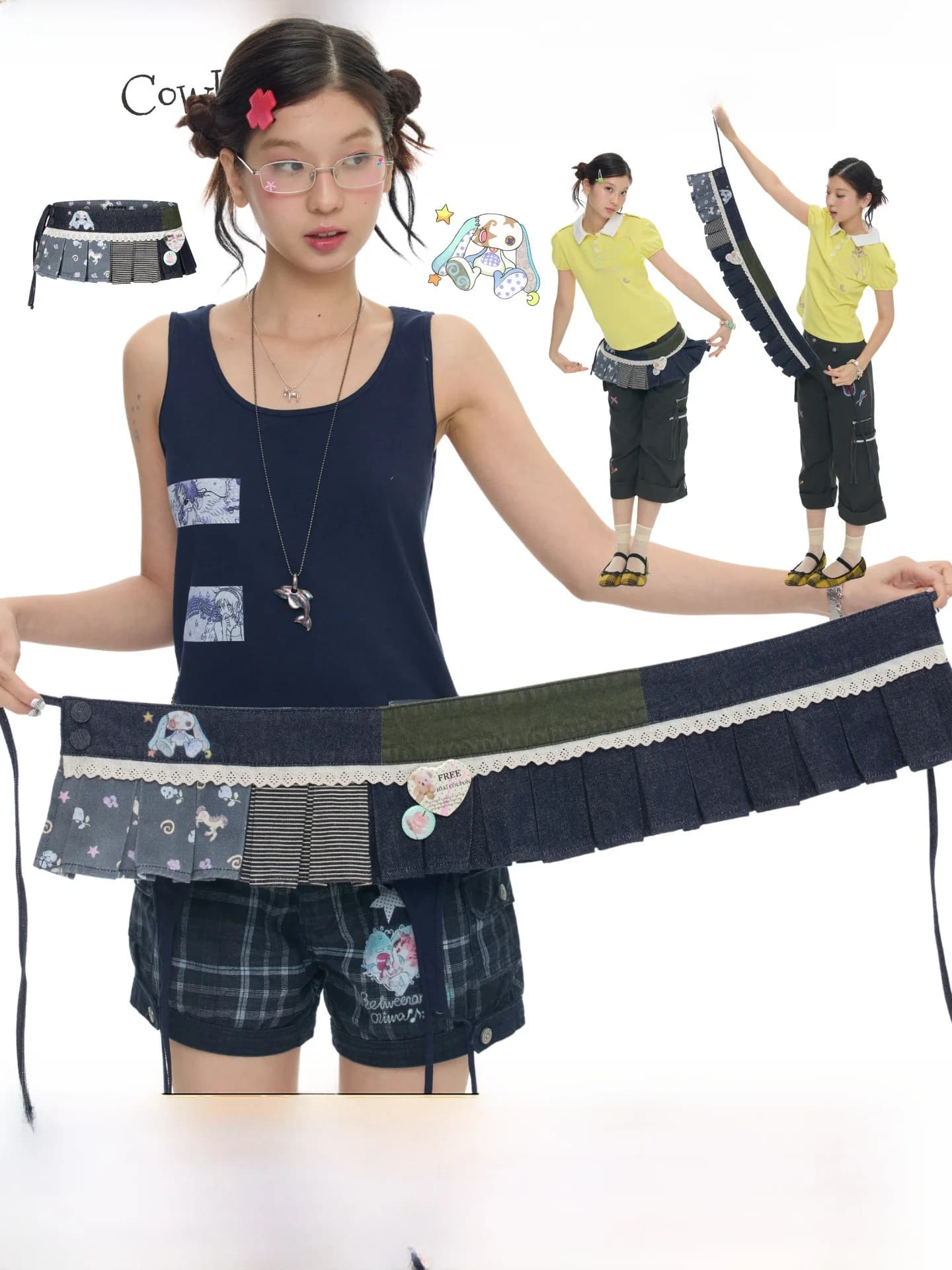 BENANDx Oli Frog Retro Blue Denim Striped Skirt Women High Waist Layering Sensation Overlap Wearing Casual Style Printed Poly...