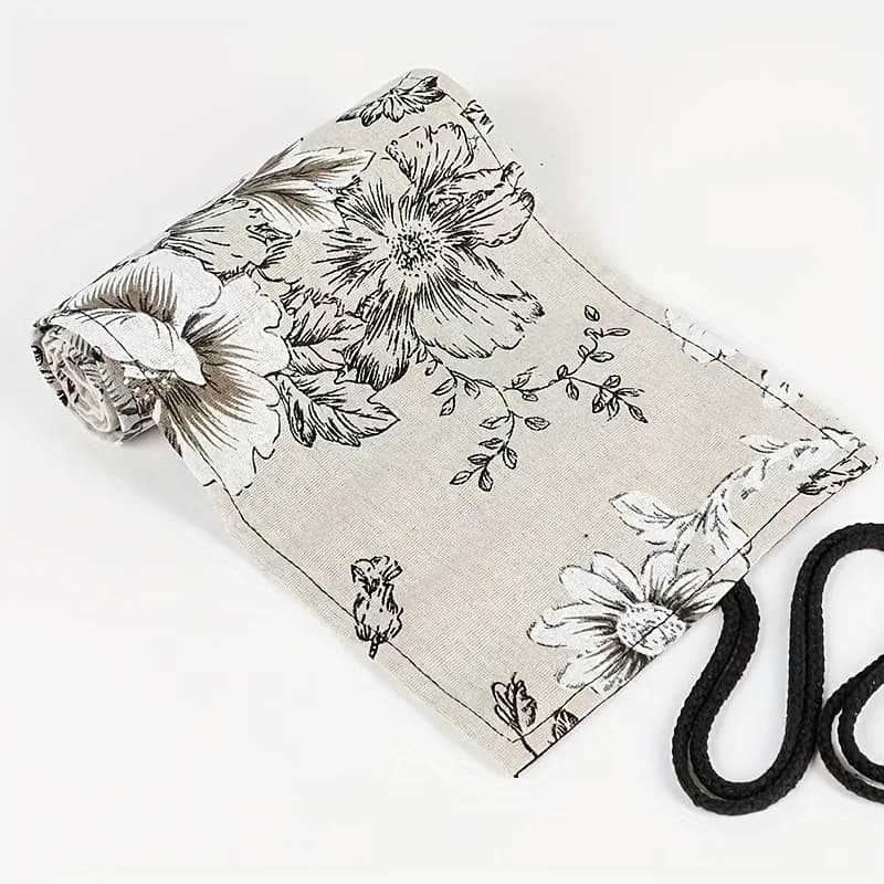 Astuccio per Penne in Tela Stampata con Peonie Nere e Vento, 24 Fori, Grande Capacità, Porta Penne a Scorrimento, Scatola per Matite Colorate