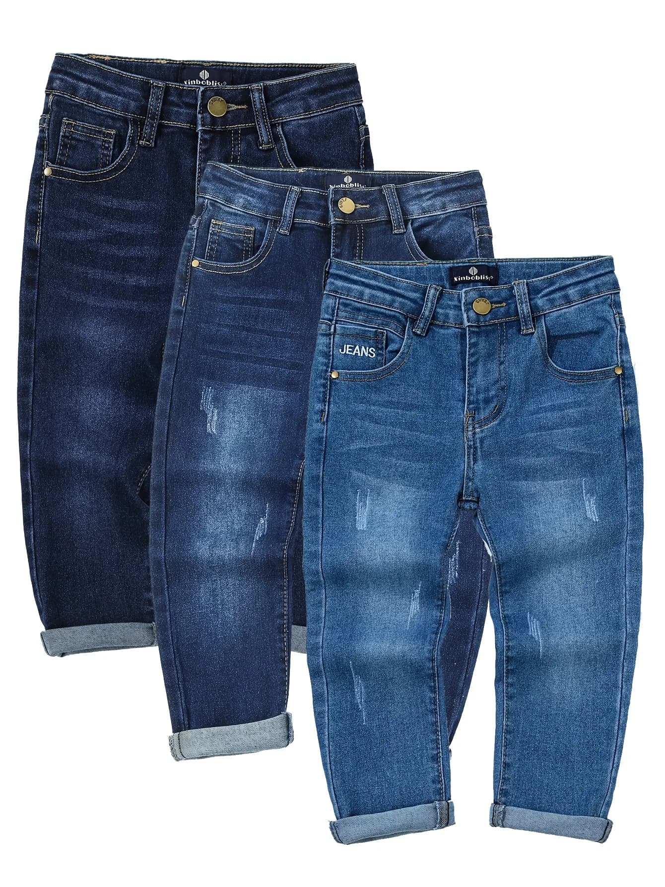 Jeans in denim elasticizzato da ragazzo 3 pezzi: streetwear alla moda con tasche, tinta unita, ideali per le occasioni quotidiane e festive