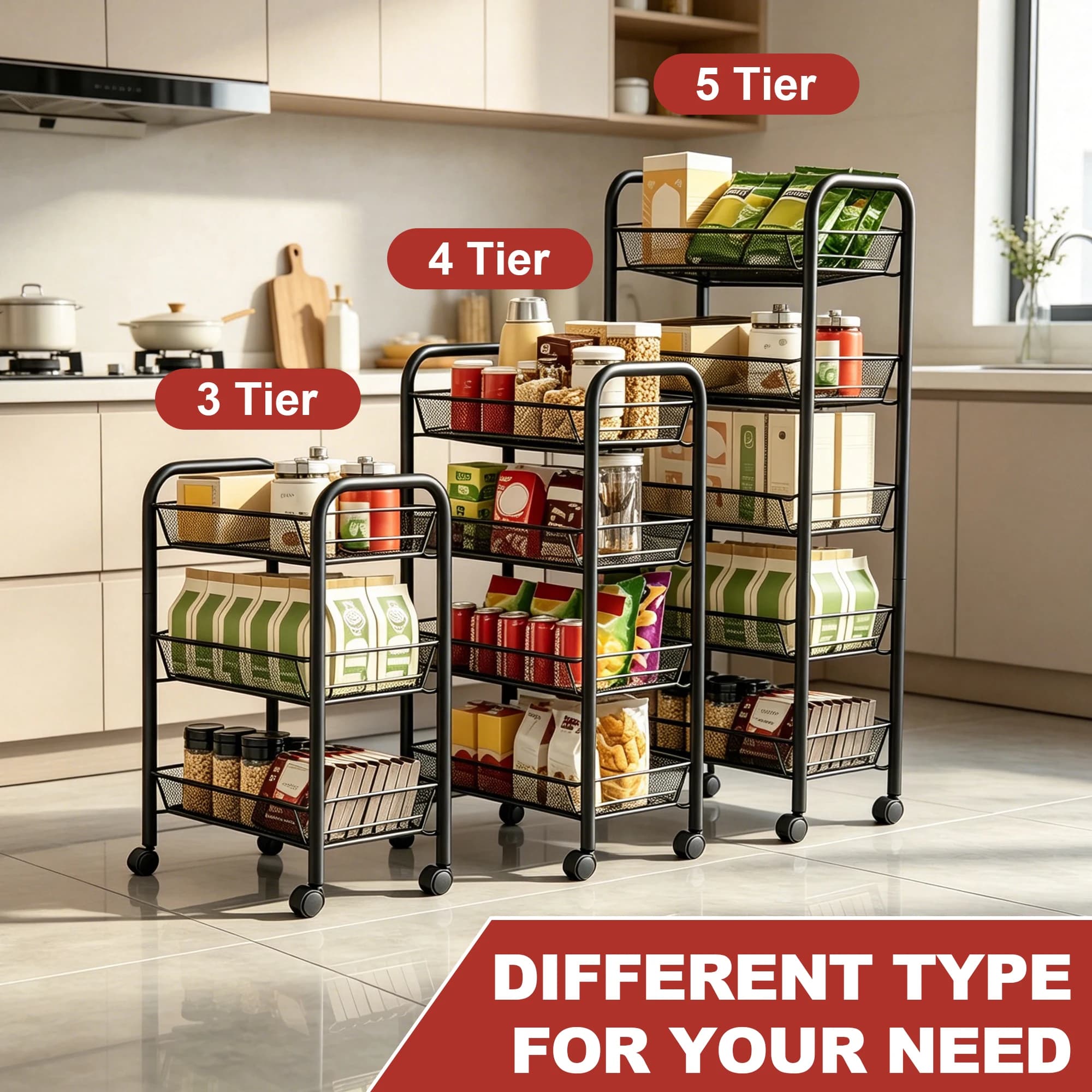 Multi-Tier Rolling Storage Cart, Carbon Steel Mobile Kitchen Gap Organizer Shelf with Wheels