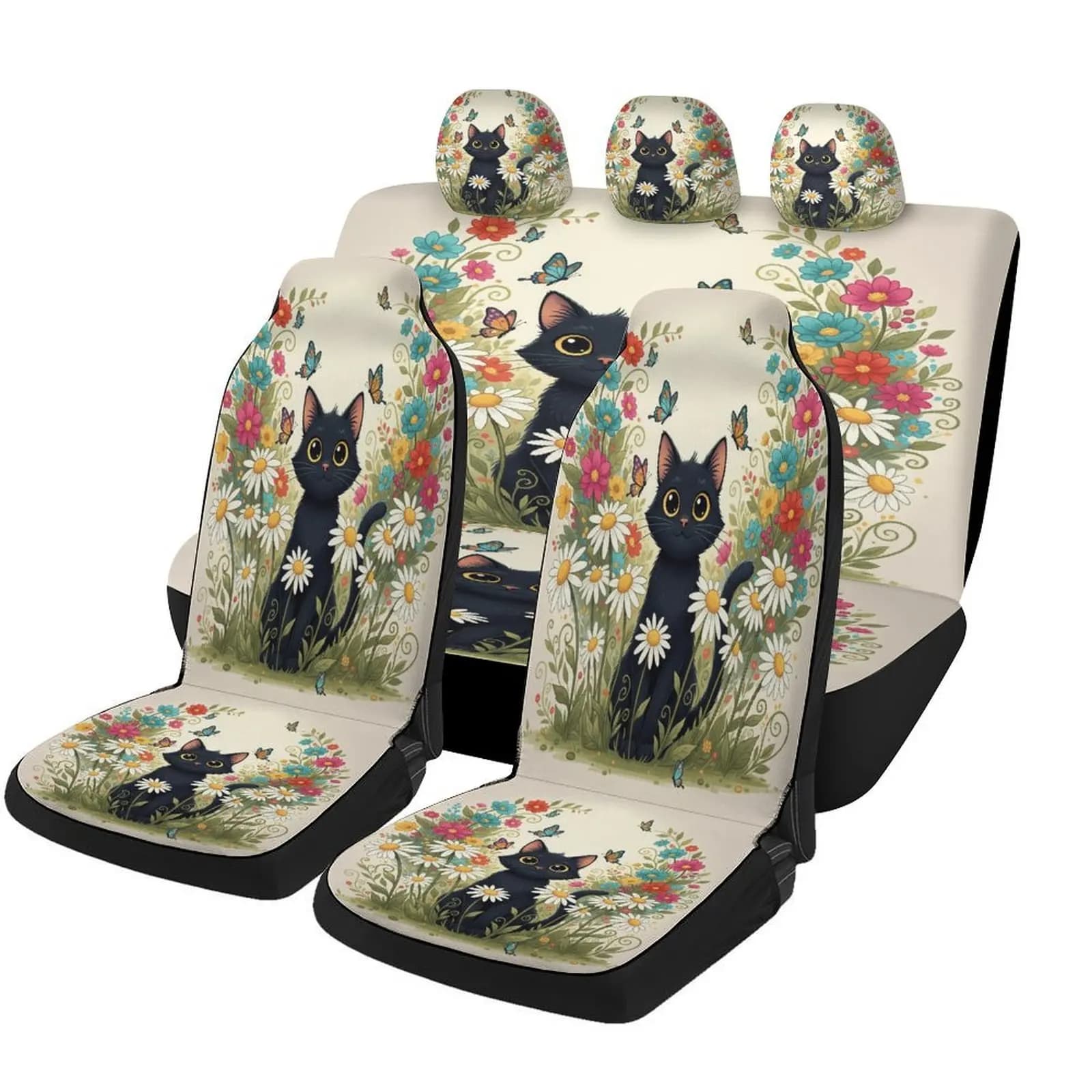 Black Cat In Bloom Car Seat Covers Set - Breathable Polyester, Fit For Most Cars, 2 Front & Rear Seats, All-Season Use, Machine