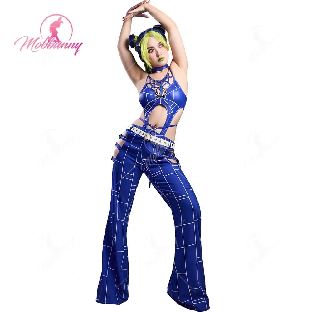 MOBBUNNY Jolyne Costume Cosplay Halloween Spider Web Lingerie Set Body ritagliato e pantaloni lunghi con cintura