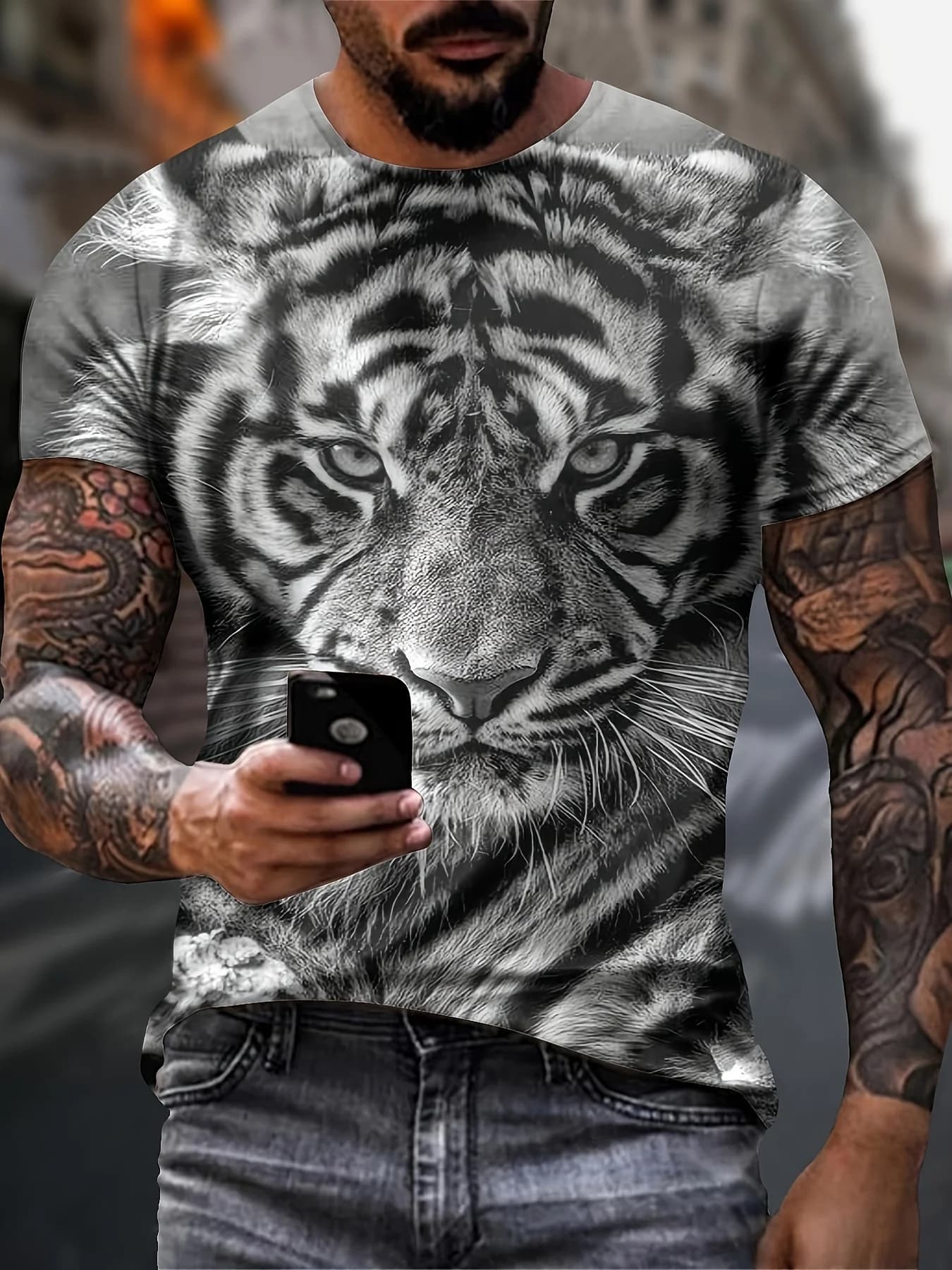 Short Sleeved T-shirt Crew Neckline with 3D Digital Tiger Print for Men-Sweet Oversize Summer Comfortable and Breathable Fashionable