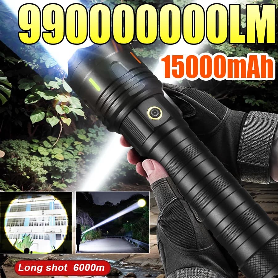 2025 15000mAh Torcia super grande USB ricaricabile 6000M Torcia a LED più potente Torcia a lungo raggio Lanterna da campeggio esterna