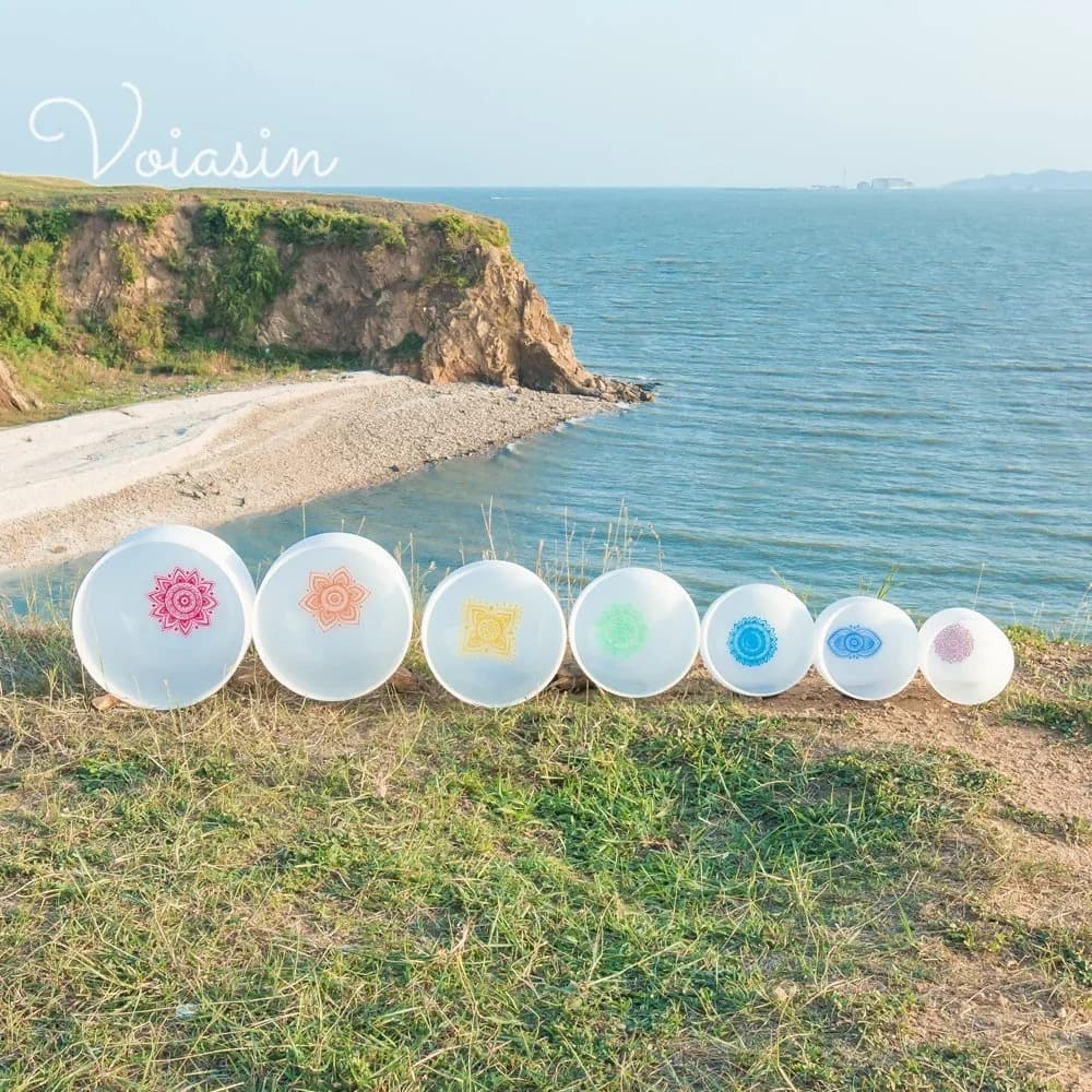 Set of 7Pcs 6-12inch,8-14inch , Pure White, Frosted Quartz Crystal Singing Bowl, Voiasin Chakra Tuned Musical Instruments Set