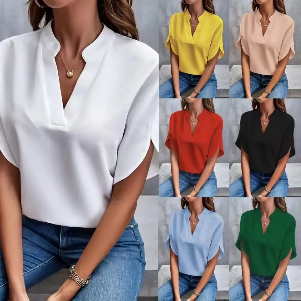 Women V Neck Blouse Solid Color Short Sleeve Shirt Loose Casual Summer Elegant Tops Soft Breathable Chic Apparel