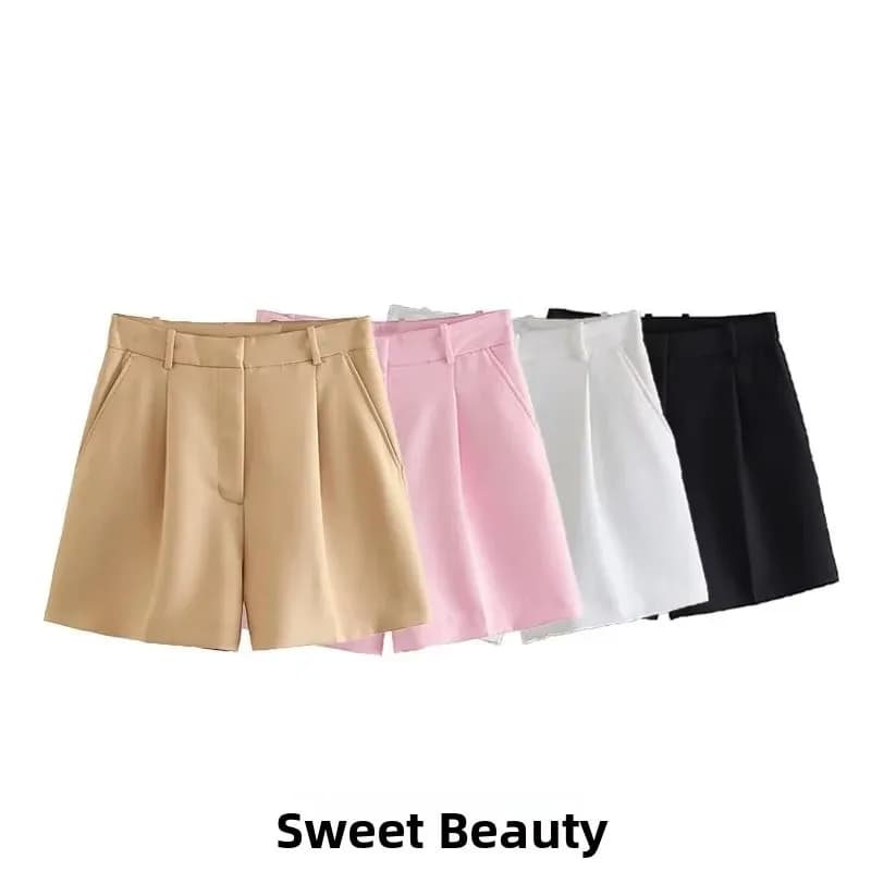 Pantaloncini Casual da Donna Estivi 2023 a Vita Alta con Pieghe, Gamba Dritta, Stile High Street, Materiale Sottile