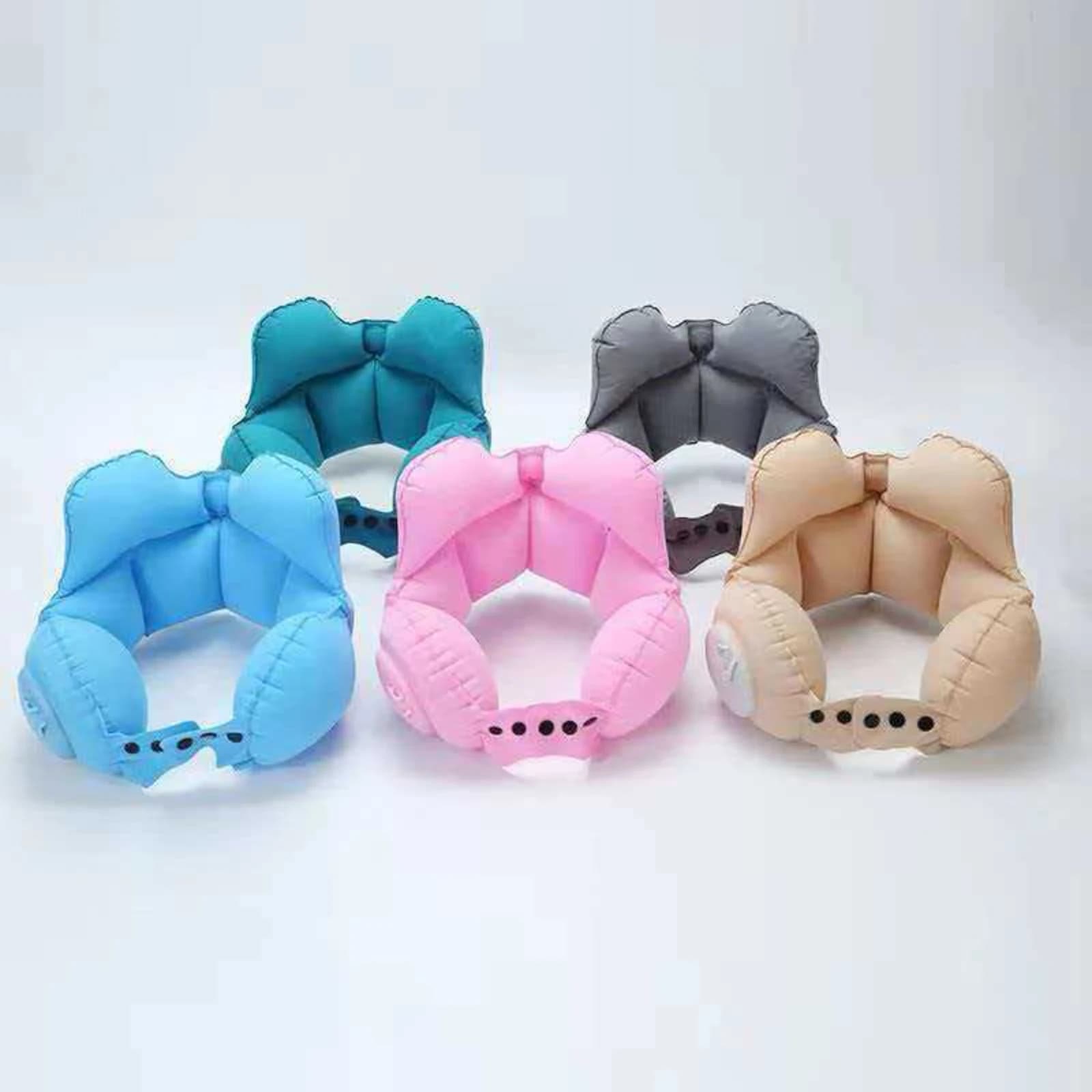 Inflatable U-Shaped Neck Pillow Soft Textile Surrounding Travel Neck Pillow Contoured Snap-Button Closure for Flights