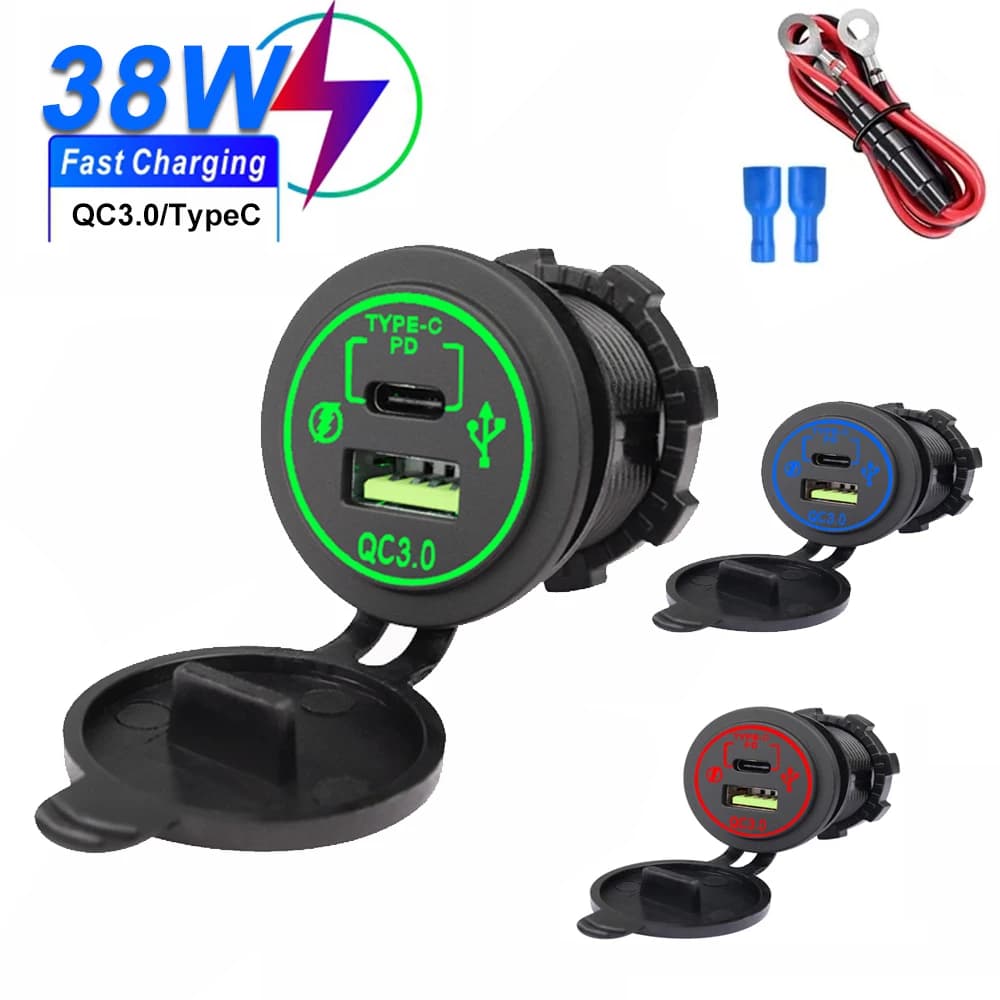 38W QC 3.0 USB PD Tipo C Caricabatteria per auto Presa per telefono per auto Adattatore per caricabatterie per telefono cellulare Impermeabile 12V-24V per auto Barca RV Camion