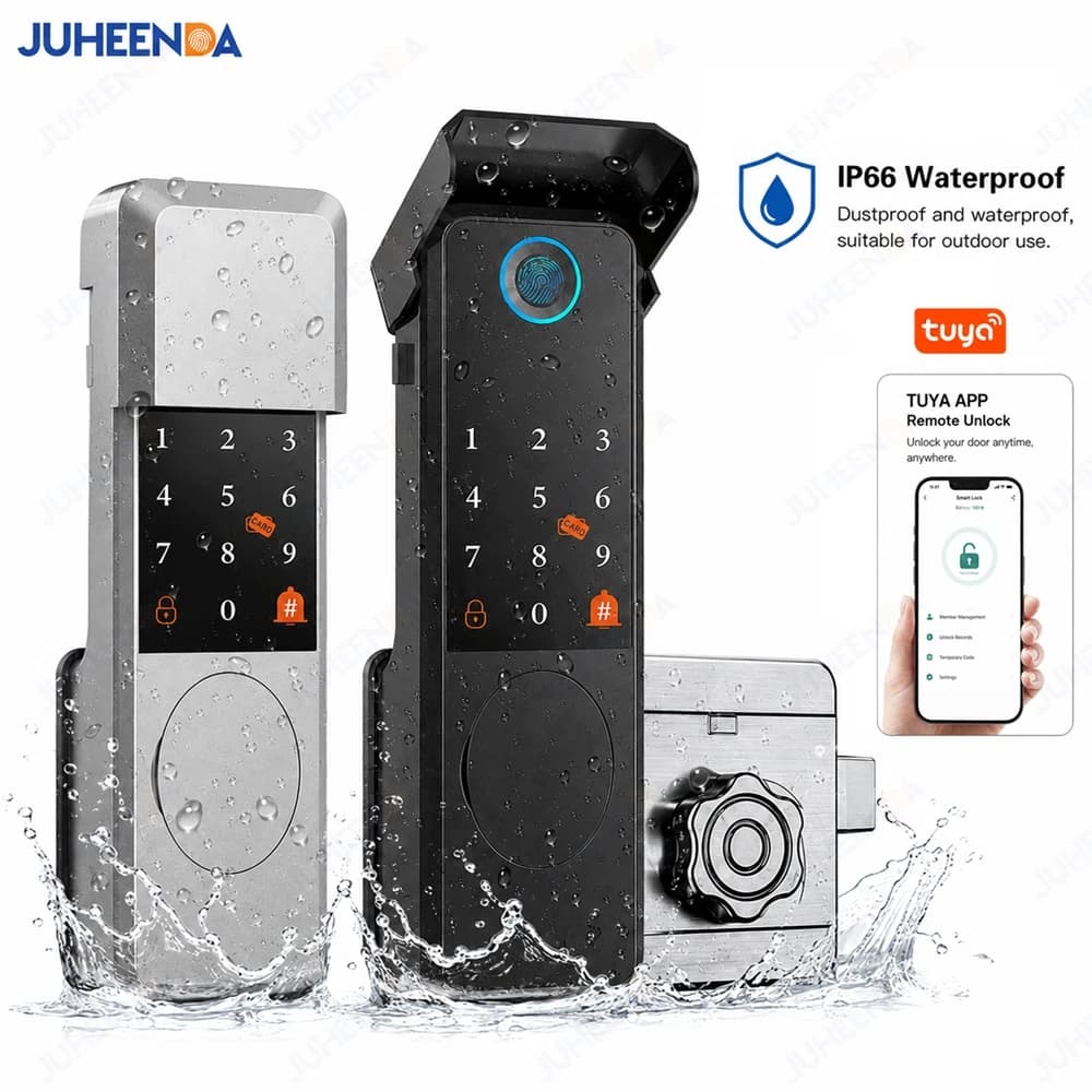 IP66 Waterproof Smart Door Lock Tuya Wifi Fingerprint Password RFID Card TTLock APP Keyless Entry Lock for Outdoor Gate Fence
